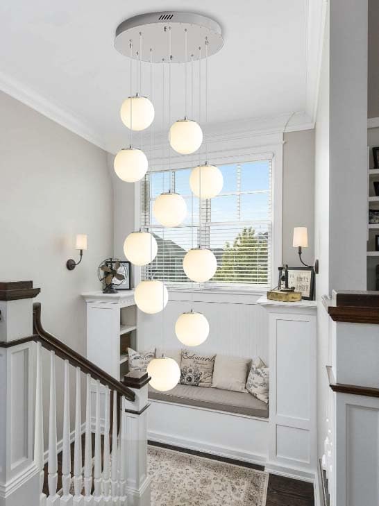 LED Staircase Chandelier Glass Globe Pendant Light Chrome Large Chandeliers for High Ceiling,10-Lights Hanging Flush Mount Lighting Fixtures for Foyer,Entryway,Living Room