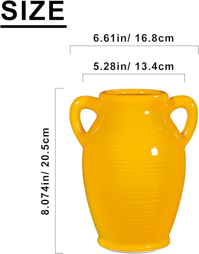Sunddo Yellow Ceramic Vase 8 Inch - Modern Decorative Vase with 2 Handles for Home Decor, Ideal Centerpiece for Kitchen, Living Room, and Dining Table