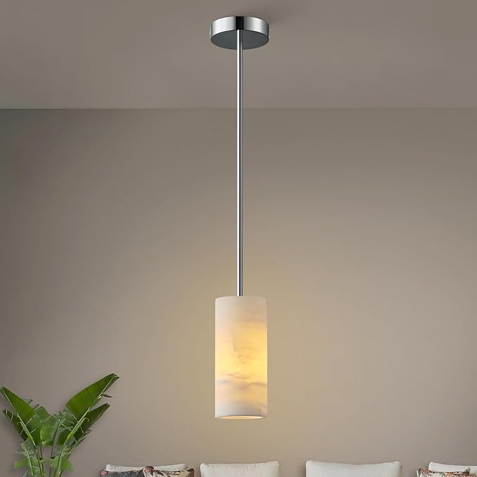 Alabaster Pendant Light Kitchen Island, H-9.5in Nickel Pendant Light Fixtures with Natural Marble Shade, Adjustable Ceiling Pendant for Dining Room, Living Room, Bedroom & Bathroom