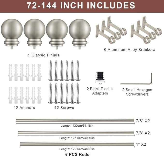 Curtain Rods 2 Pack, Brushed Nickel Curtain Rods for Window 72-144 Inch, Decorative Curtain Rod with Ball Finials, 1 Inch Diameter Heavy Duty Curtain Rod, Adjustable Single Drapery Rod Brushed Nickel