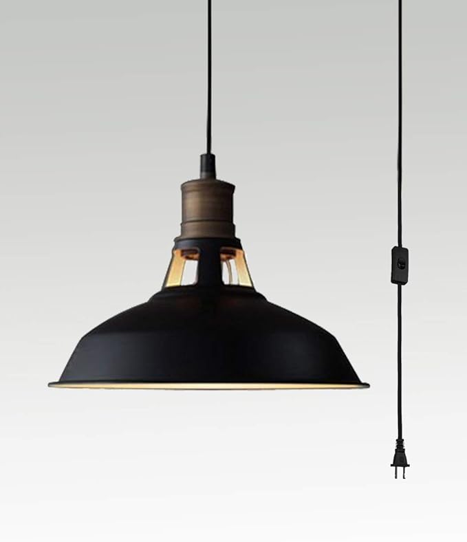 CLAXY Industrial Plug-in Barn Pendant Lighting Black Farmhouse Pendant Light with On/Off Switch 197 Inches Cord