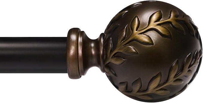Curtain Rod for Windows 48 to 84 Inches: 1 Inch Heavy-Duty Adjustable Decorative Curtain Rod With Rustic Leaf Finials for Bedroom & Living Room.Brown