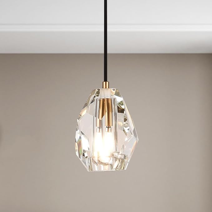 Prism Crystal Pendant Lighting, Matte Brass Ceiling Pendant Light Fixture, Modern Pendant Island Dimmable Light for Kitchen Dining Room