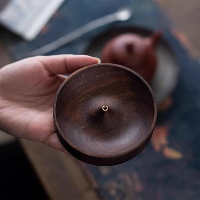 CREATCABIN Wood Incense Burner Incense Stick Tray Coconut Brown Flat Round Natural Black Walnut Diffuser Bowl Ash Burner Stick Dish Catcher Holder for Yoga Spa Teahouse Home Office DIY Decor