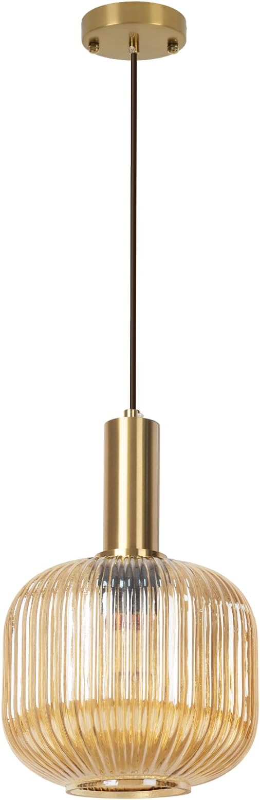 Amber Glass Pendant Light 8 inch, Mid Century Modern 1-Light Pendant Lighting for Kitchen Island Dining Room Bedroom Bar, Vintage Gold Adjustable Hanging Light Fixture Ceiling Mount