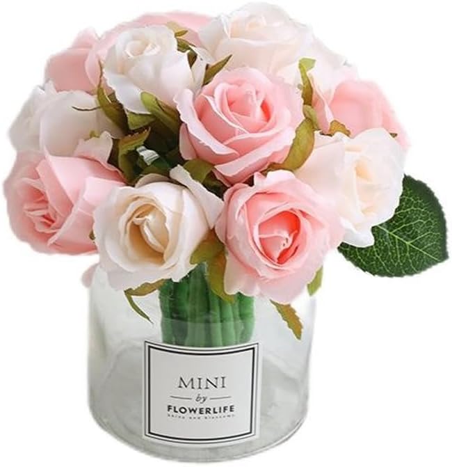 Jasion Artificial Roses Flowers 12 Heads Arrangement Silk Bouquet for Home Office Parties Bridal and Wedding Decoration (Pink with Champagne)