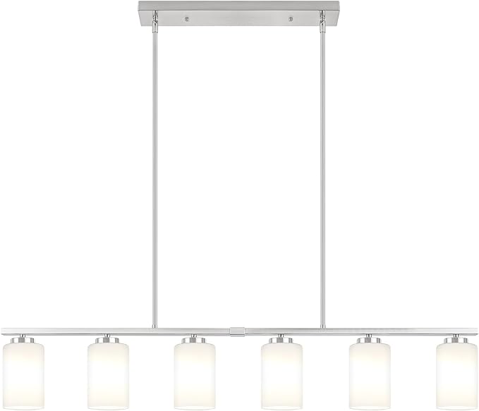 6-Light Kitchen Island Lighting, Brushed Nickel Dining Room Light Fixtures Over Table, Modern Farmhouse Chandeliers with Milky Glass Shade Pendant Light for Dining Room Kitchen Island