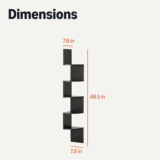 Amazon Basics 5-Tier Corner Shelf, Wall-Mounted, Set of 1, Floating Corner Bookshelf for Living Room, Bedroom, Bathroom, Home Office, 7.8"D x 48.5"W x 7.8"H (Inches), Black
