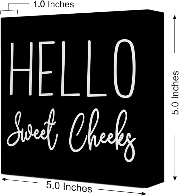 LVQHI Cute Bathroom Shelf Decor, Hello Sweet Cheeks Sign Wooden Box for Shelves Toilet Restroom Tabletop Decoration, Funny Black Bathroom Sign Decor, 5'' L x 5" H ﻿