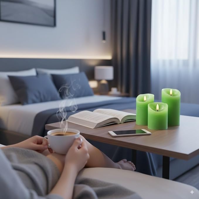 VENTA Green Real Wax Pillar Candles, Set of 3 | Battery Operated LED Candles with Remote | Fresh Spring & Nature Inspired Decor for Living Room, Spa & Botanical Themes