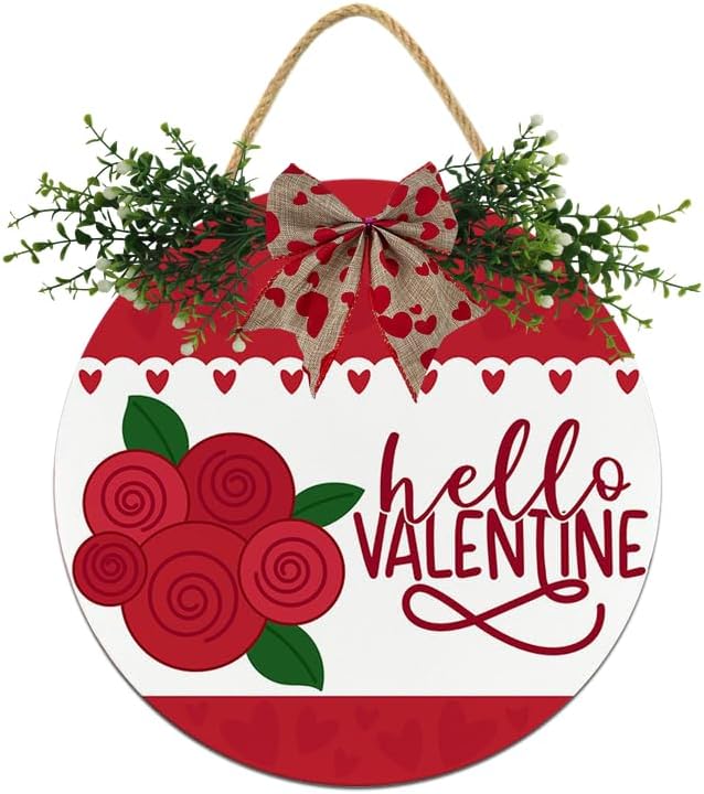 Boylee Hello Valentine Sign for Front Door Decorations, Rustic Round Wood Holiday Sign, Front Door Wreath Burlap Wooden Hanging Signs for Outdoor Farmhouse Porch Home Spring Holiday Decor