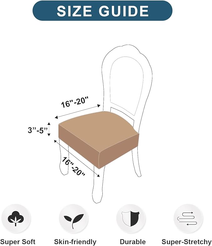 Genina Waterproof Seat Covers for Chairs,Set of 6 Dining Room Chair Seat Covers for Kitchen,Stretch Jacquard Removable Washable Dining Chair Slipcovers Protectors,No Rear Covers, Khaki