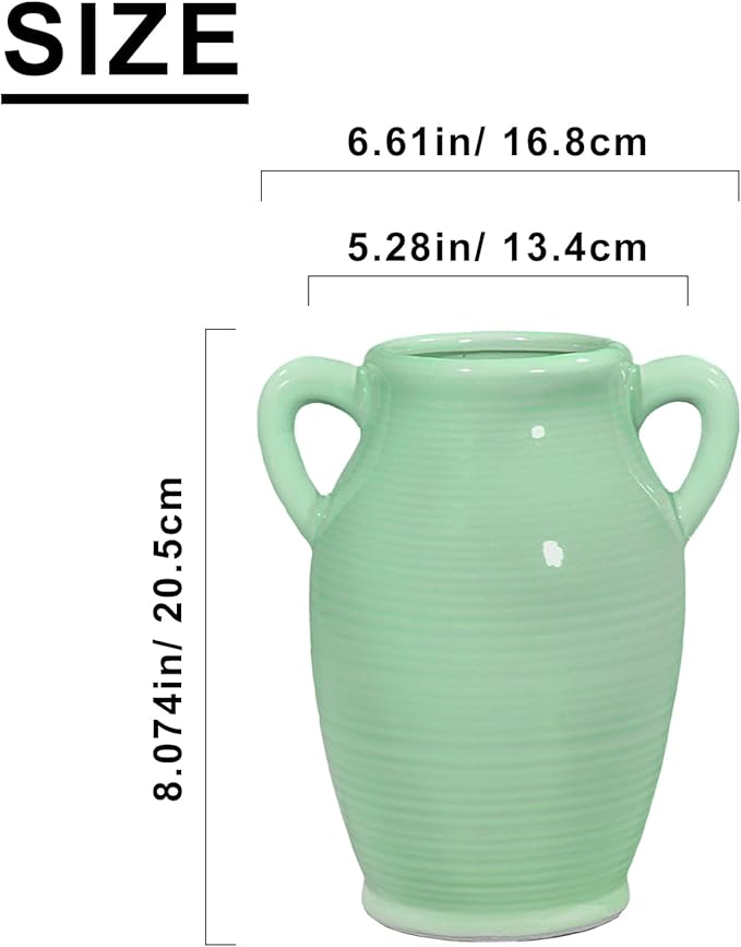 Sunddo Green Ceramic Flower Vase for Home Decor - 8 Inch Modern Decorative Vase with 2 Handles, Centerpieces, Kitchen, Dining Table, Bathroom, Shelf and Living Room