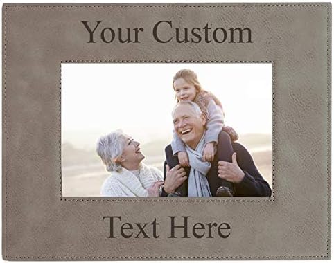 Personalized Add Your Custom Text Engraved Leatherette Faux Leather Hanging/Tabletop Personalized Group Family Photo Picture Frame (Gray, 8x10-inch Horizontal)