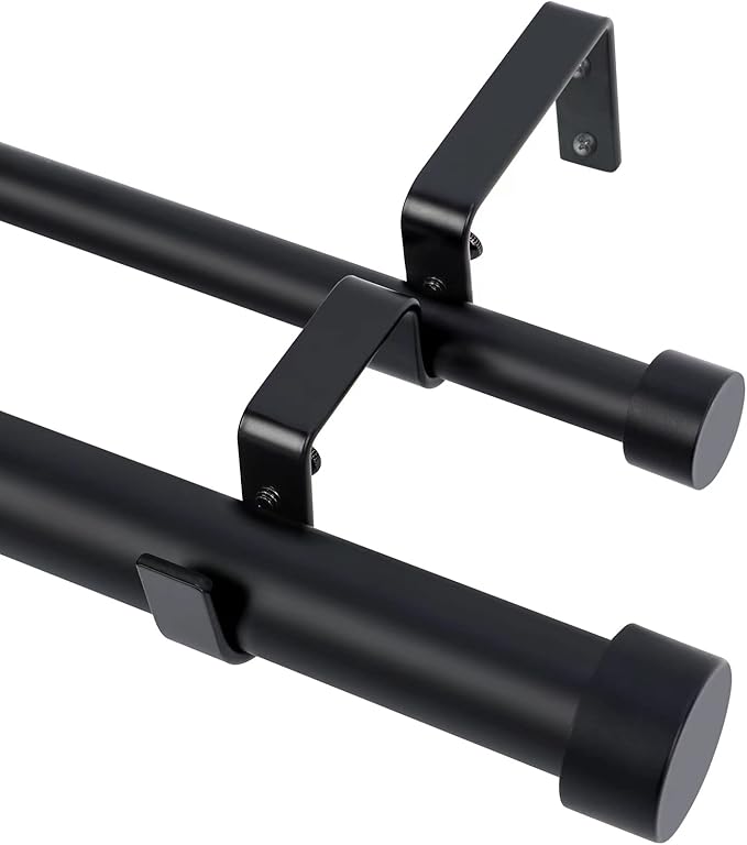 OLV Black Double Curtain Rods for Windows 36 to 72 Inch(3 to 6 Feet),1 Inch Adjustable Dual Curtain Rod, Heavy Duty Double Drapery Pole with End Cap Design for Living Room, Bedroom, Farmhouse