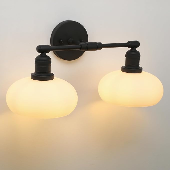 Pathson 2-Lights Milky Glass Wall Sconce, Hardwired Double Head Bathroom Sconces, Vintage Wall Lamps for Vanity Mirror, Living Room, Bedroom, Farmhouse Lighting