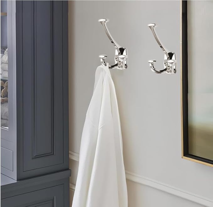 Polished Nickel Hooks Large Wall Mounted Decorative Solid Heavy-Duty Double-Sided Coat Hooks for Hanging Towels Coats Robes Towels Bag Bathroom Wall Hooks (5 Pack)