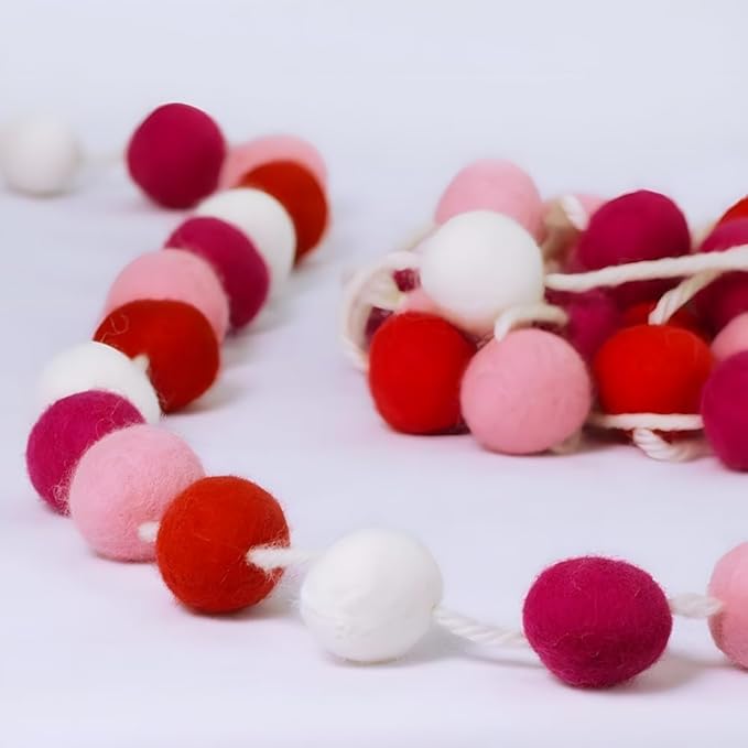 Pom Pom Garland Felt Ball Valentine Garland, 100% Wool,6.5 Feet Long,24 Pom-Poms，for Wall Christmas Tree,Parties, Valentine's Day Tree,Weddings Decor