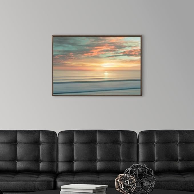 CANVAS ON DEMAND Beach Sunrise Walnut Float Framed Canvas Wall Art Print by Alex Hanson, Contemporary, Home Decor, Ocean Artwork,30" x20in