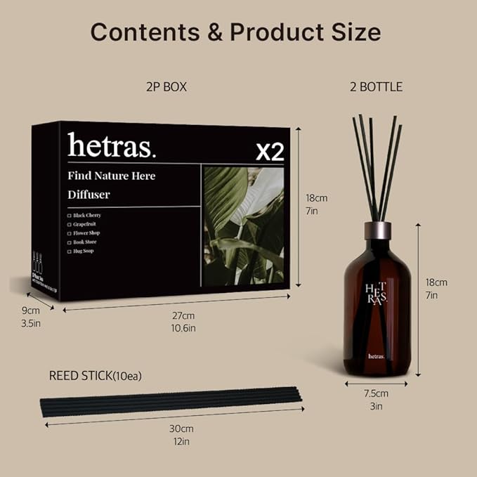 hetras Premium Reed Diffuser Set 16.9 fl.oz. 2 Pack | Book Store - Woody & Herb Scent | Long-Lasting Luxury Fragrance with 10 Reed Sticks for Home & Office | Gifts for Loved One