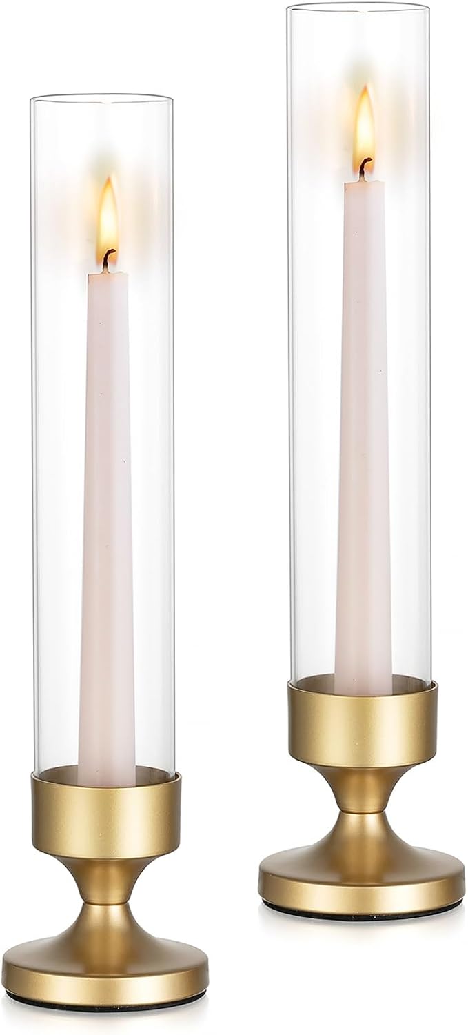 NUPTIO Hurricane Candle Holder for Centerpiece: Set of 2 Metal Taper Candle Holders with Glass Cylinders - Gold Candlestick Holders for Birthday Valentine Dinner Table Decor