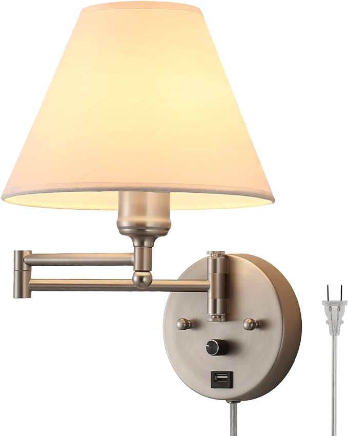 Swing Arm Wall Sconces, Plug-in Wall lamp,Bedroom Wall lamp ， White Fabric Shade，，with dimmable Switch and USB Charging Port, Suitable for Bedside, Living Room, Reading (Nickel)