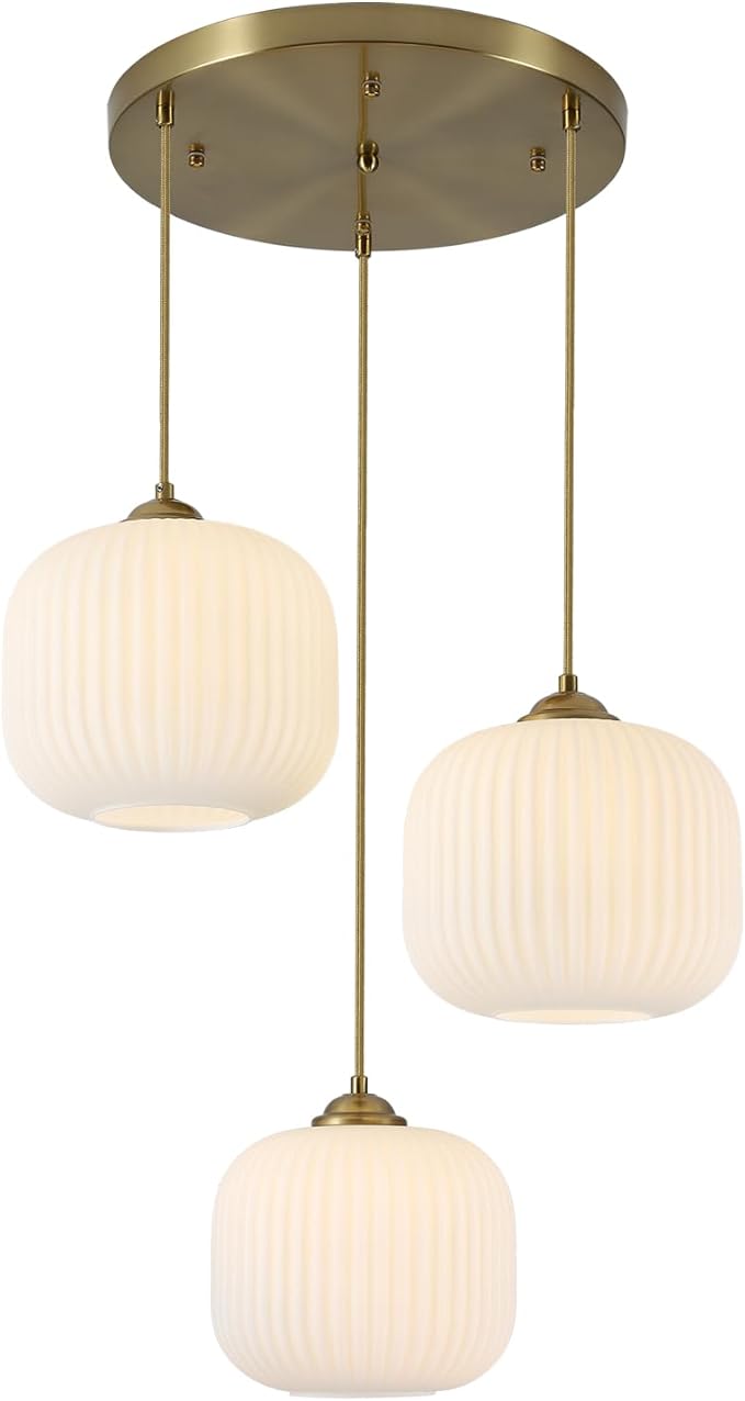 KCO Lighting Large 3 Light Cluster Chandelier Gold Globe Pendant Lights Kitchen Island White Ribbed Glass Ceiling Pendant Light Antique Brass Chandeliers for Dining Room