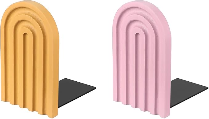 PATIKIL 2Pcs Boho Arch Bookends, Non-Skid Wood Book Ends Rainbow Wooden for Shelves Book Stopper Stand Cute for Holding Books Movie CD Home Office Library Decorative, Pink/Yellow