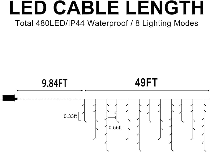 Heceltt White Christmas Lights Outdoor, 49FT 480 LED Ice Lights for Outside with 90 Drops Clear Wire 8 Modes Timer, Plug in Waterproof for Holiday Eaves Yard Roof Party Christmas Decoration