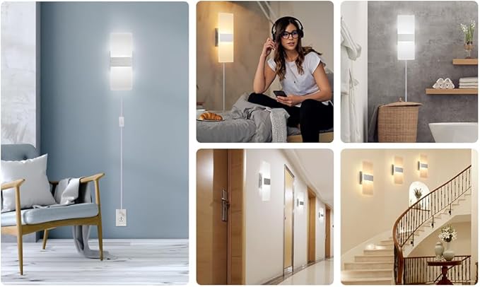 Plug in Wall Sconces with Stepless Adjustable 3000K-6500K Colors and 10%-100% Brightness, Sconces Wall Lighting with Remote Control 12W Acrylic LED Wall Lamp with 6FT Plug in Cord, 2 Pack