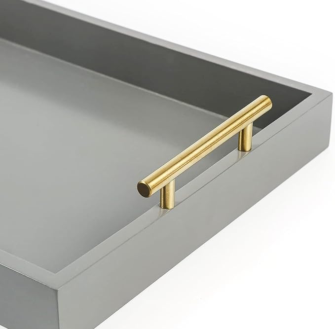 Serving Tray 16.5“ X 13“ Deluxe Wooden Ottoman Tray for Coffee Table with Polished Gold Metal Handles and 4 Coasters, Living Room Bathroom Coffee Bar Organizer Modern Decorative Grey Tray