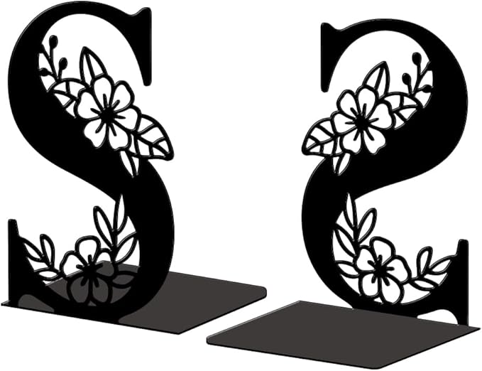 Peacoblue Metal Bookends for Shelves, Modern Decorative Heavy Duty Study Book Ends Stoppers for Office, Desk, Shelf, Room 5.3"x4.3"x7.1" Cast Iron Simple Tall Bookends 1 Pair (Letter S with Flower)