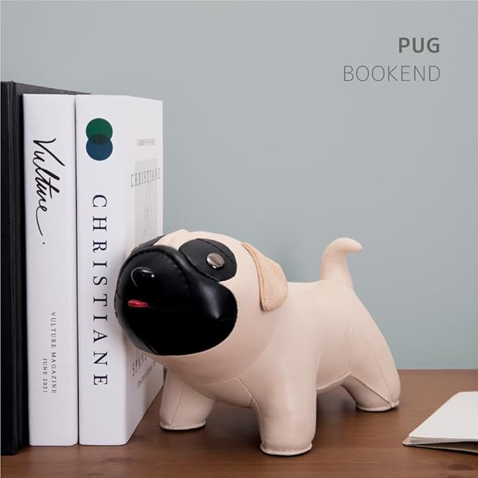 Zuny Bookend Pug, Leather Bookends for Shelves, Handmade Animal Dog Home Decor, Classic Series, Wheat+Black
