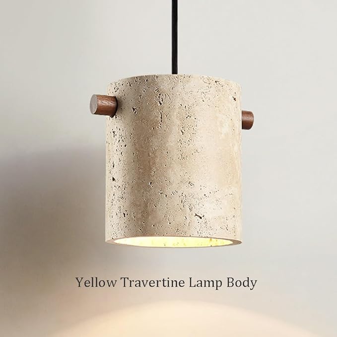 Modern Travertine Stone Pendant Light Minimalist Cylindrical Solid Wood Accents Pendant Lamp Adjustable Hanging Lamp for Bedroom Living Room Dining Room Ambient Lighting