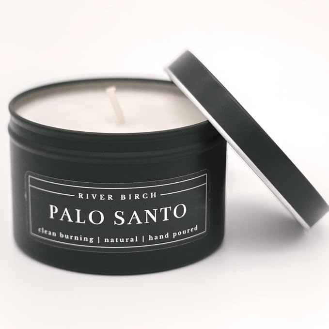 River Birch Premium, All-Natural, Non-Toxic Soy Candle | Palo Santo Scented | 8 oz. Black Matte Tin Travel Candle | Cozy Relaxing Gifts for Home