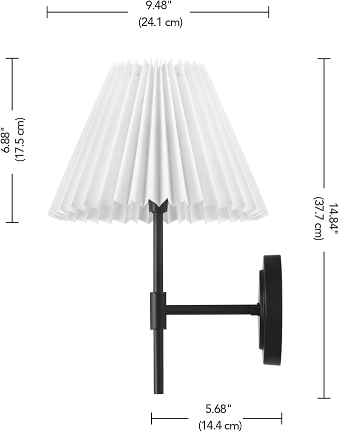 GLOBE Electric 1-Light Wall Sconce, Matte Black, White Pleated Fabric Shade, E12 Base Socket, Candelabra Bulb, Living Room Lighting, Home Essentials, Décor, Bedroom, Mounted Bedside Lamp
