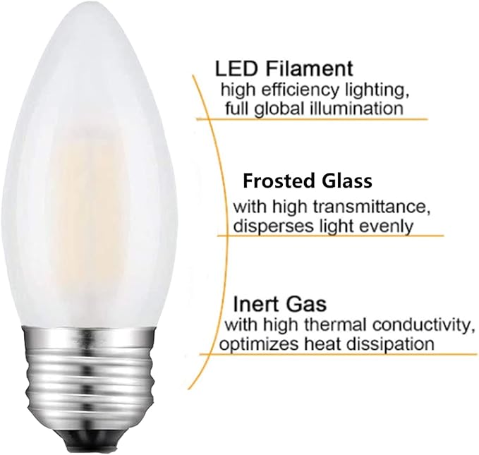 E26 Candelabra Bulb Frosted Medium Base 2700K Warm White Equivalent 25 Watt Light Bulbs, B11 Dimmable LED 2W Chandelier Candle Light for Decorative, 6 Pack