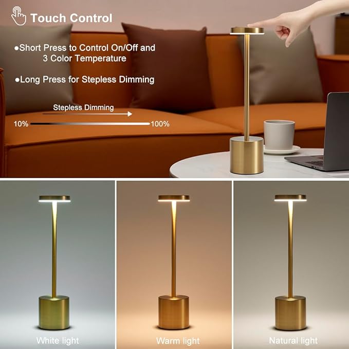 2 Pack LED Cordless Table Lamp, Portable 5000mAh Rechargeable Bedside Lamp, Touch Control Outdoor Table Lamps, 3 Color Dimmable Battery Operated Lamps for Bedroom//Restaurant/ Patio/ Outdoor - Gold