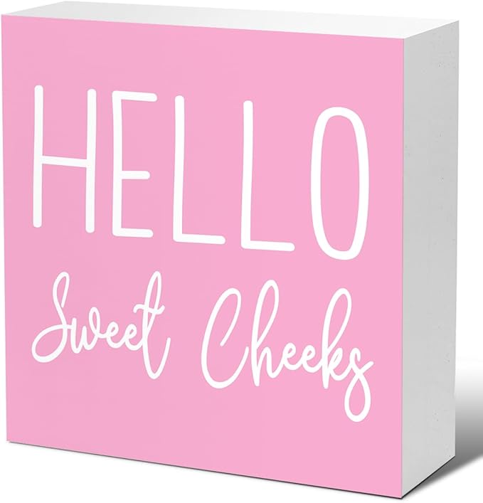 LVQHI Cute Bathroom Shelf Decor, Hello Sweet Cheeks Sign Wooden Box for Shelves Toilet Restroom Tabletop Decoration, Funny Pink Bathroom Sign Decor,5'' L x 5" H ﻿