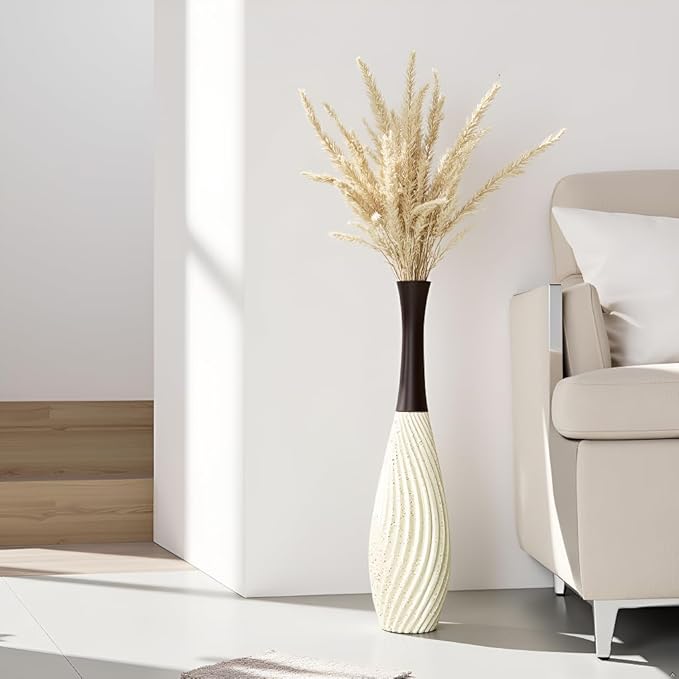 23.6 Inch Cream Tall White Vases – Brown Neck Teardrop Vase with Textured Vertical Lines & Speckled Finish, Decorative Floor Vase for Living Room, Wedding, Boho Home Decor – Resin Tall Vases