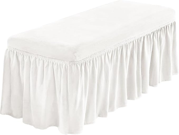 NICEEC Spandex Stretch Dining Bench Cover with Skirt Removable Bench Slipcover Rectangle Washable Bench Cushion Covers for Dining Room Living Room Bedroom Kitchen(White)