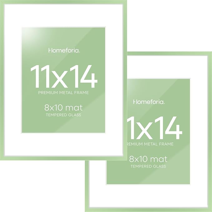 Homeforia 11x14 Picture Frame Sage Green, High End Metal 11x14 Wall Hanging Frame with Mat 8x10, 11 x 14 Poster Frame Matted to 8 x 10 inch Photo, 14x11 Thin Frames, Tempered Glass, Wall Kit, Set of 2