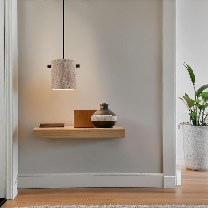 Modern Travertine Stone Pendant Light Minimalist Cylindrical Solid Wood Accents Pendant Lamp Adjustable Hanging Lamp for Bedroom Living Room Dining Room Ambient Lighting