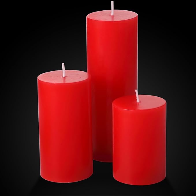 Shihanee Set of 3 Pillar Candles and 3 Glass Cylinder Candle Vases Holders Clear Pillar Jars for Wedding Centerpieces(2.6'' X 4.7'', 5.9'', 7.9'',Red)