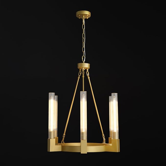 Gold Farmhouse Wagon Wheel Chandelier with Glass Tube, 23.6 Inch Large Round 6-Light Luxurious Chandelier Fixture Ceiling Pendant Lighting for Living Room, Dining Room, Bedroom, Foyer