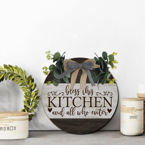 Wooden Bless This Kitchen And All Who Enter Sign 12inch, Rusitc Kitchen Hanging Wall Plaque, Farmhouse Wall Signs for Home Dining Living Room Decoration