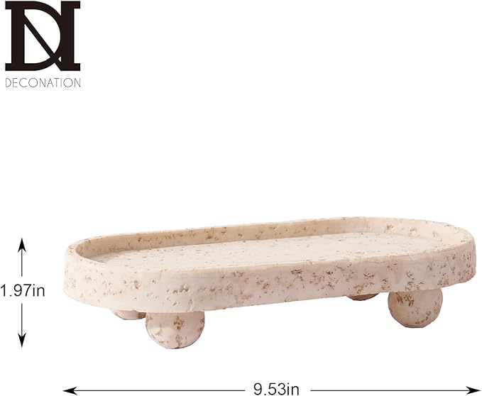 DN DECONATION Resin Decorative Tray with Legs, 4 Footed Coffee Table Trays Decor, Travertine Look Vanity Tray for Perfume Jewelry Bathroom Soap Kitchen Countertop Dresser, Oval 9.53x1.97in