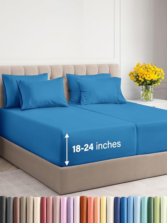Extra Deep Split King Sheet Set - 7 Piece Breathable & Cooling Sheets - Hotel Luxury Bed Sheets Set - Easy Fit - Soft, Wrinkle Free & Comfy Sheets Set - Denim Blue Sheet Set with Extra Deep Pockets