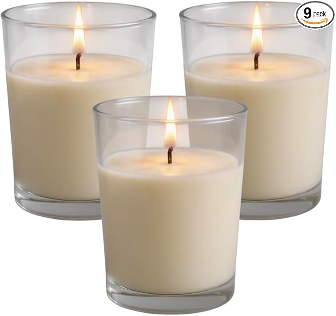 Mister Candle – Set of 9 Jasmine Scented Votive Candles in Glass Holders, Hand Poured Soy Wax, 10 Hour Burn Time, Aromatherapy Candles for Spa, Weddings, Parties, Gifts