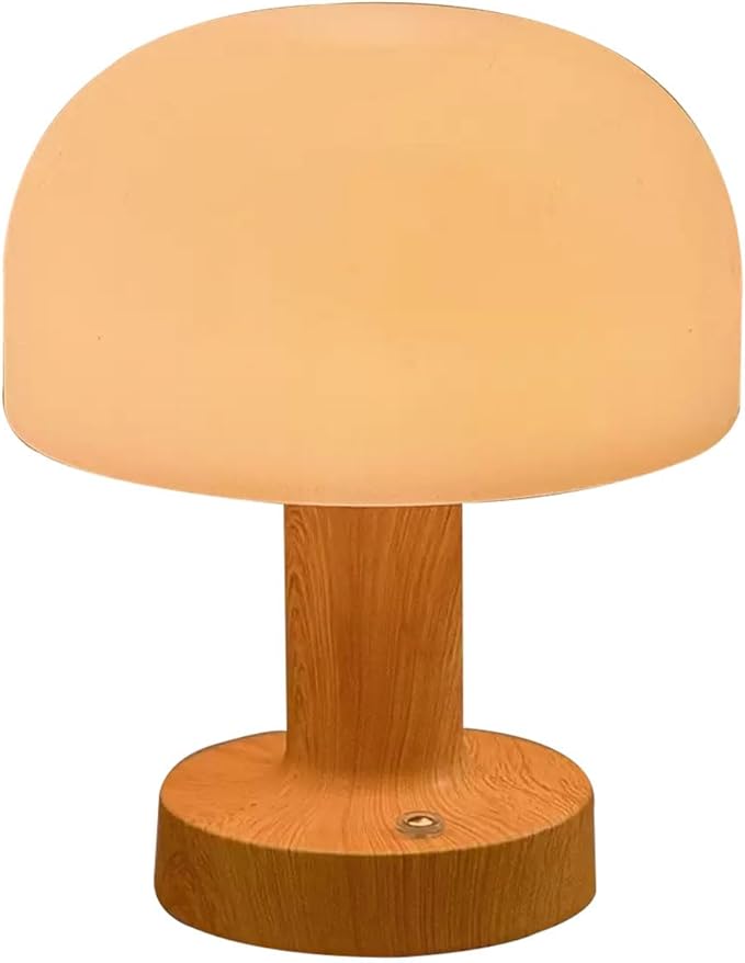 Mushroom Operated Table Lamp 3000mAh Cordless Rechargeable, Touch Dimmable Desk Lamp, LED Night Light for Patio Camping Restaurant Home, H7.3in, Wood Grain